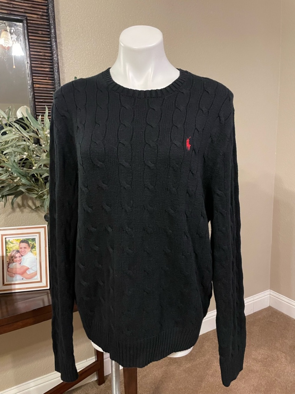 Polo by Ralph Lauren Black Cable-Knit Crewneck Sweater with Red Pony